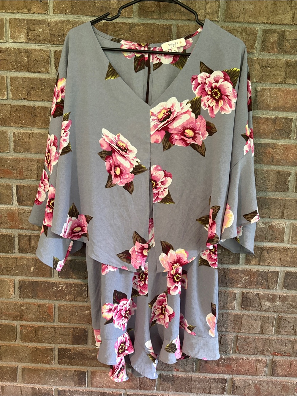 Umgee Gray Floral V-Neck Romper Shorts Set with Pink Blooms